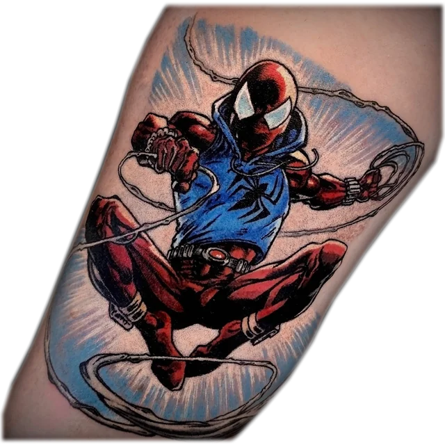 Scarlet Spider tattoo in red and blue, with a web surrounding the figure.