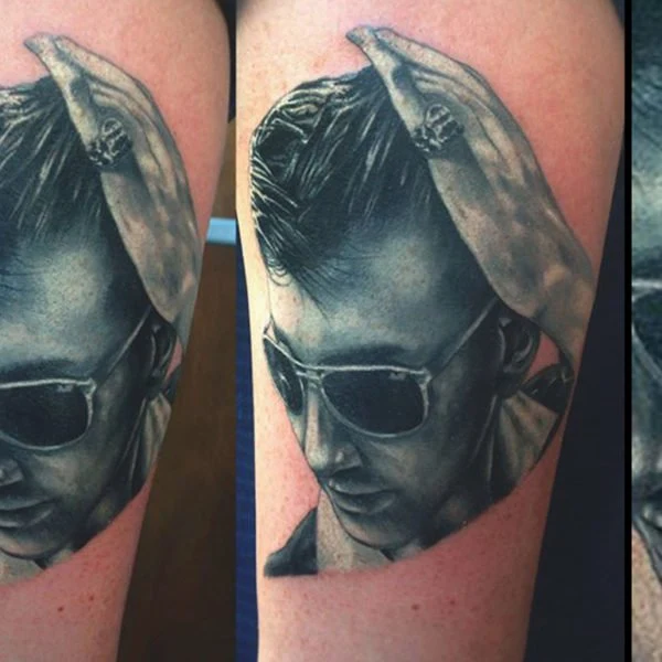Black and grey portrait of a man wearing sunglasses; two views.